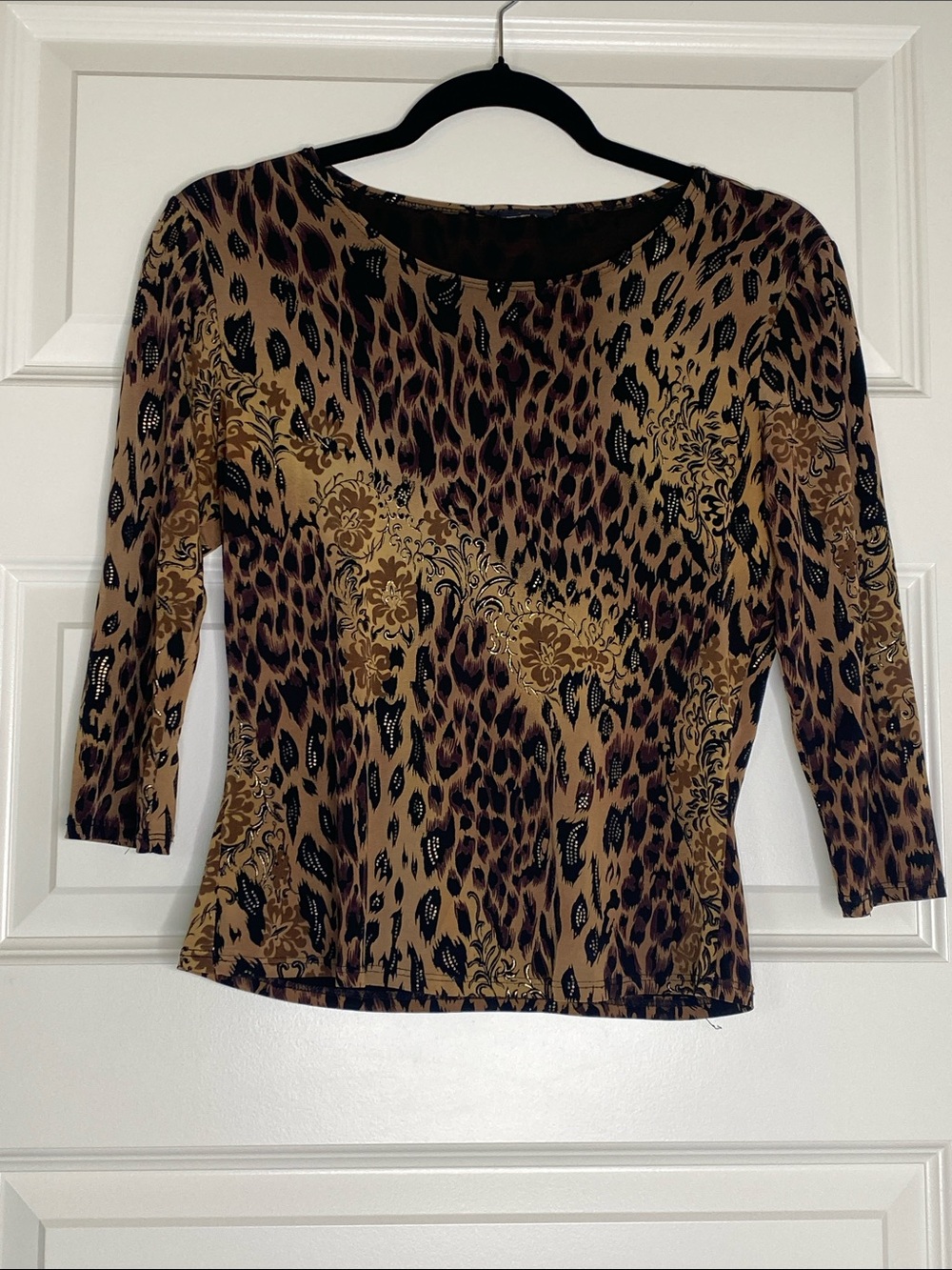 Women’s Animal Print Scoop Neck Top in Brown with Gold Shimmer Accents